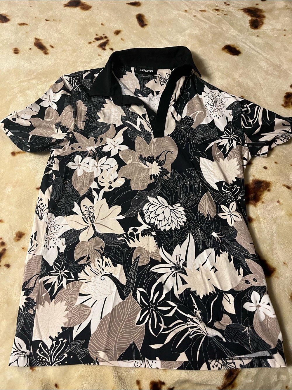 Express Black Floral Polo with Taupe and Cream Blooms
